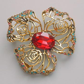 Flower Brooch-Pendant with Red Crystal, Multicolored Rhinestones, Gold-Tone Metal 51×51 mm
