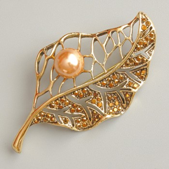 Leaf Brooch-Pendant with Gold-Tone Crystals, Yellow Bead, Gold-Tone Metal 31x60mm
