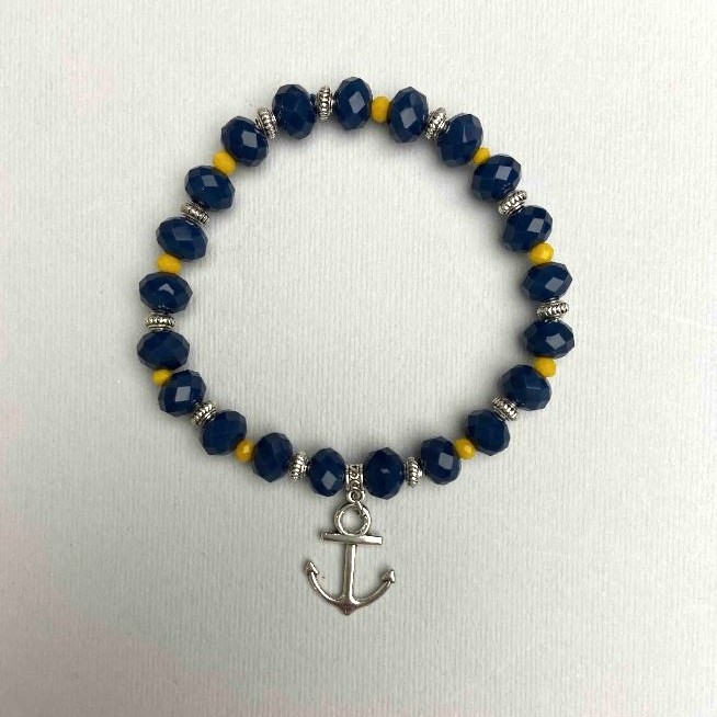 Bracelet with Blue and Yellow Czech Crystal, Faceted Rondelles, Diameter 8x6 mm, 3.5x3 mm +/-, Length 18 cm (stretch) with metal inserts