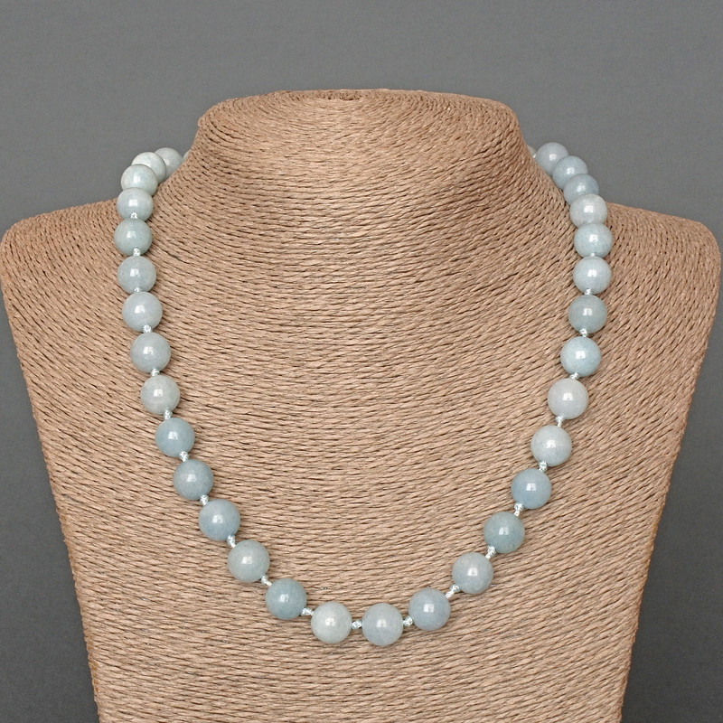 Aquamarine Necklace, natural stone, smooth bead, diameter 10 mm ±, length 50 cm ±