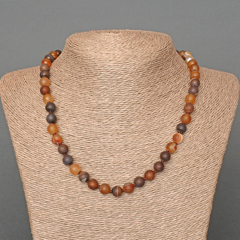 Brown Matte Agate Necklace, Natural Stone, Smooth Beads, 8 mm Diameter ±, 48 cm Length ±