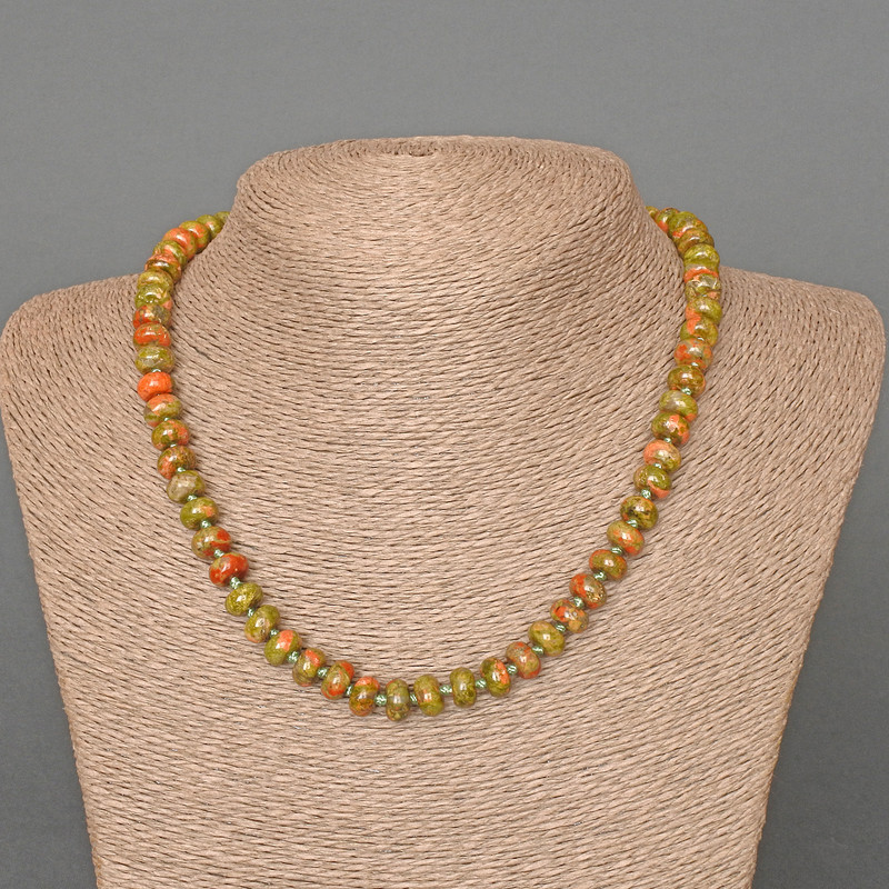 Necklace Heliotrope Jasper, natural stone, smooth rondel, diameter 8x5mm+-, length 47cm+-