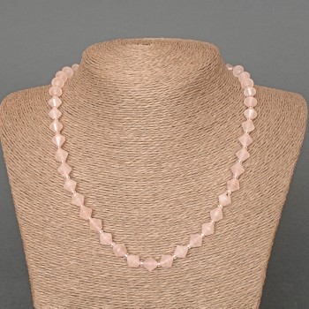 Rose Quartz Necklace with Natural Stone, Faceted Diamond-Shaped Beads, 8x8 mm, Length 49 cm, with Seed Beads