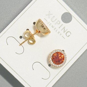 Xuping Stud Earrings with Red Crystal and White Rhinestones, Round Bezel, 9.5 mm Diameter, Gold Plating