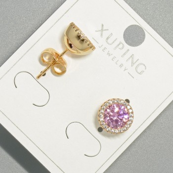 Xuping stud earrings with pink crystal and white rhinestones, round setting, 9.5 mm diameter, gold plated