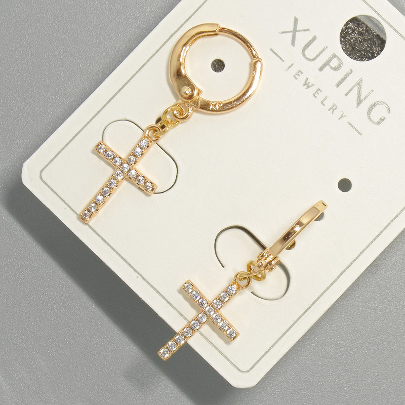 Earrings 'Cross' Xuping with White Crystals, 9x15 mm diameter, 30 mm length, 18K gold plating