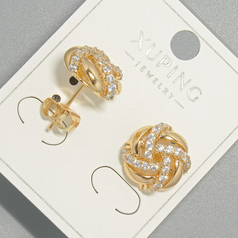 Xuping stud earrings with white crystals, diameter 12.5 mm, 18K gold plating