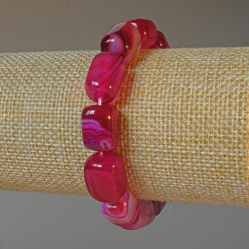 Raspberry Agate Bracelet with natural stone bars, 11x15 mm diameter, 18 cm length, stretch