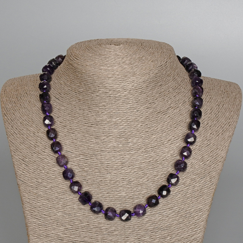 Amethyst Necklace, natural stone, faceted cube beads, diameter 9 mm, length 49 cm