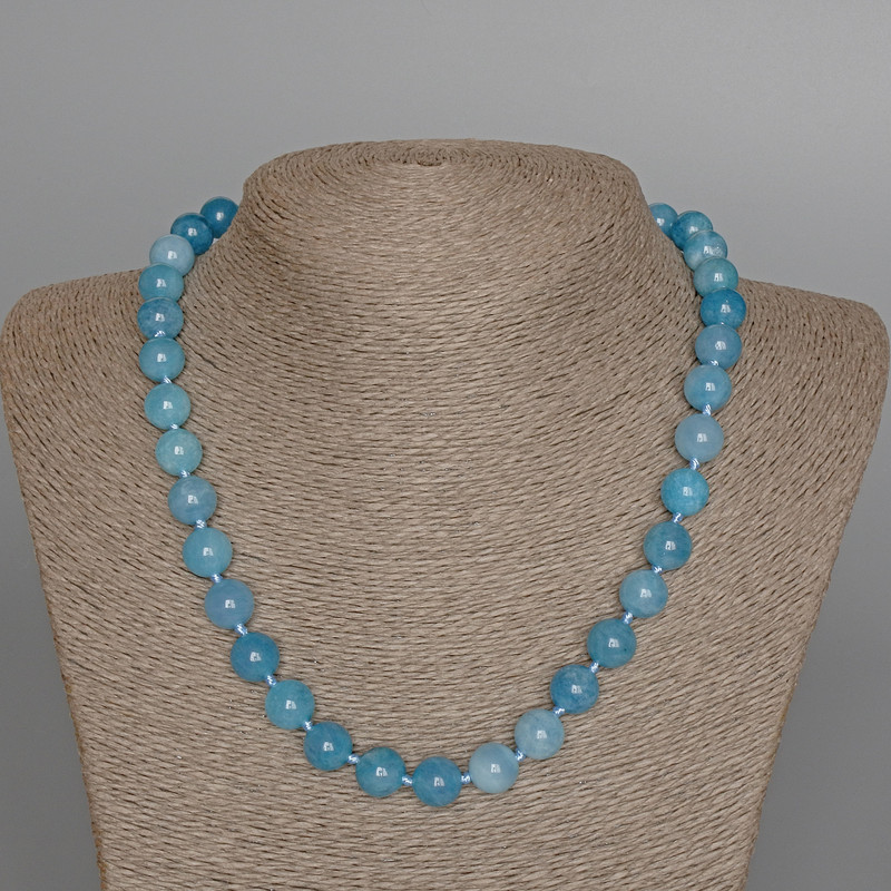 Aquamarine Necklace with natural stone, smooth beads, 10mm diameter ±, length 49 cm+