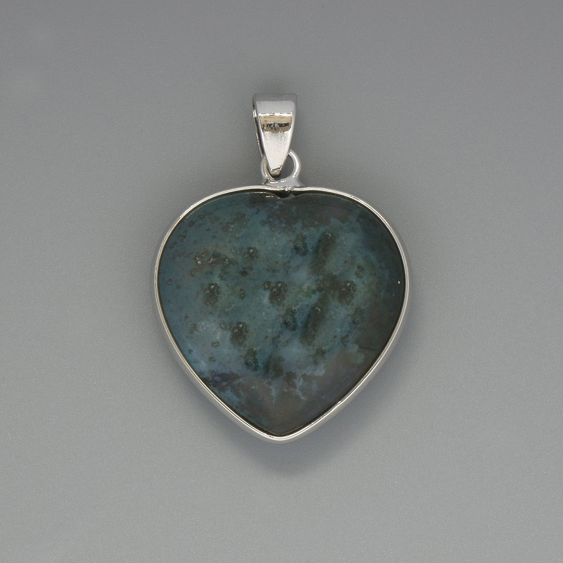 Pendant 'Heart' with moss agate, 26x26 mm diameter, 36 mm length, in a silver-toned setting