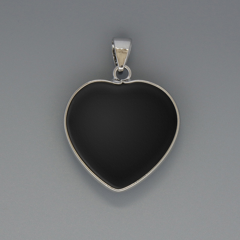 Heart Pendant in Black Agate, 26×26 mm diameter, 36 mm long, in a silver-toned setting