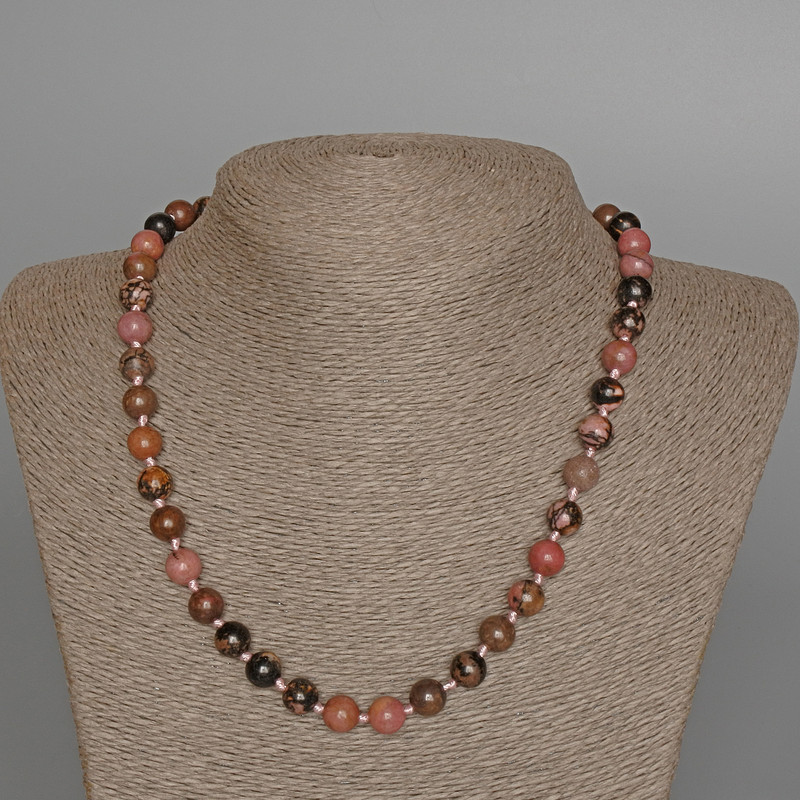 Rhodonite Necklace with Natural Stone, Smooth Beads, 8.5 mm Diameter, 49 cm Length