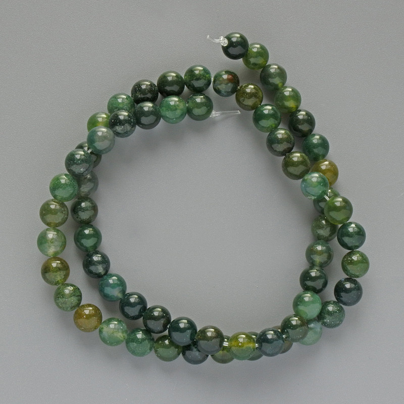 Moss Agate Beads, Natural Stone, Smooth Round Beads, 6 mm Diameter, 38 cm Length on Thread