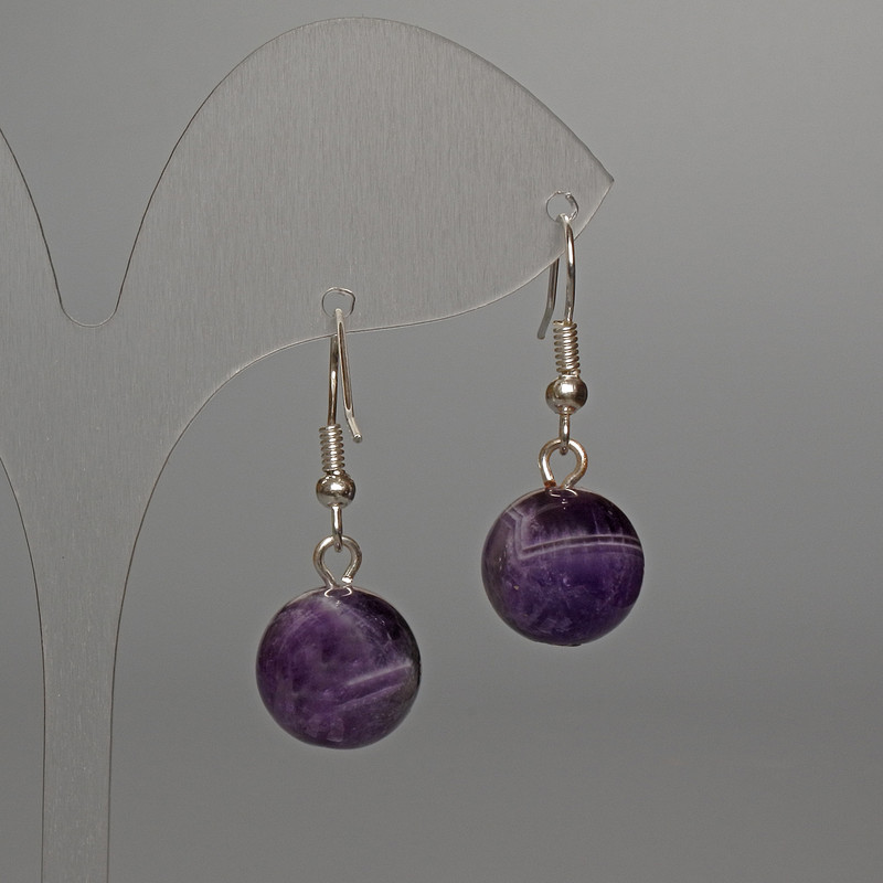 Earrings with natural amethyst, smooth bead, diameter 12 mm, length 32 mm