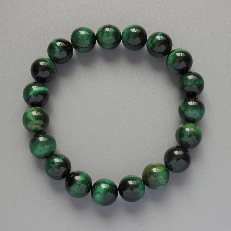 Green Cat's Eye Bracelet, Natural Stone, Smooth Beads, 10mm Diameter +/-, 18cm Length +/- (Stretch)