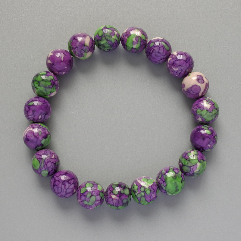 Bracelet 'Variscite' (acrylic) purple, white and green colors, smooth bead, diameter 10.5 mm, length 18 cm +/- (stretch)