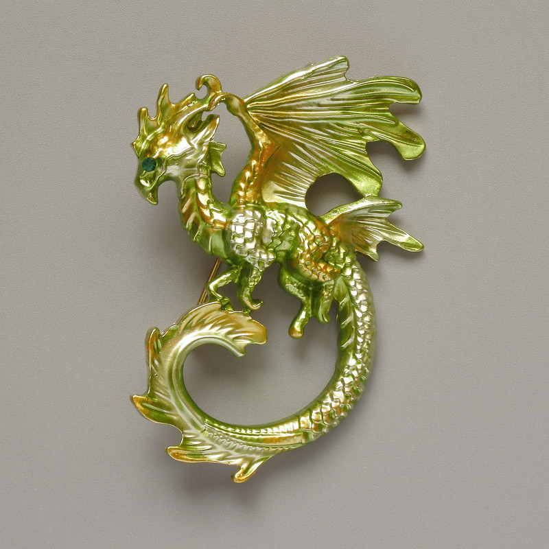 Dragon Brooch Pendant with Salad-Green Matte Enamel and Golden Metal 42x58mm