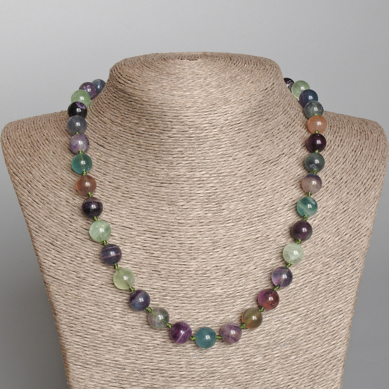 Fluorite Necklace, Natural Stone, Smooth Beads, diameter 10 mm +-, length 50 cm+