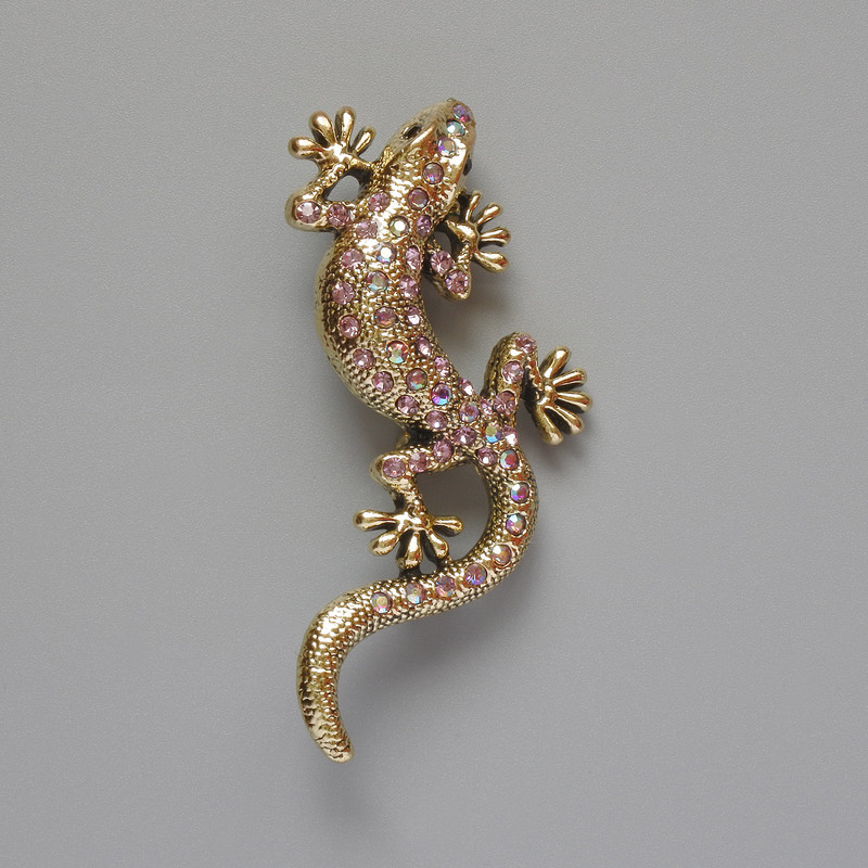 Brooch 'Lizard' with Pink Crystals, Chameleon Effect and Golden Metal 29x63mm