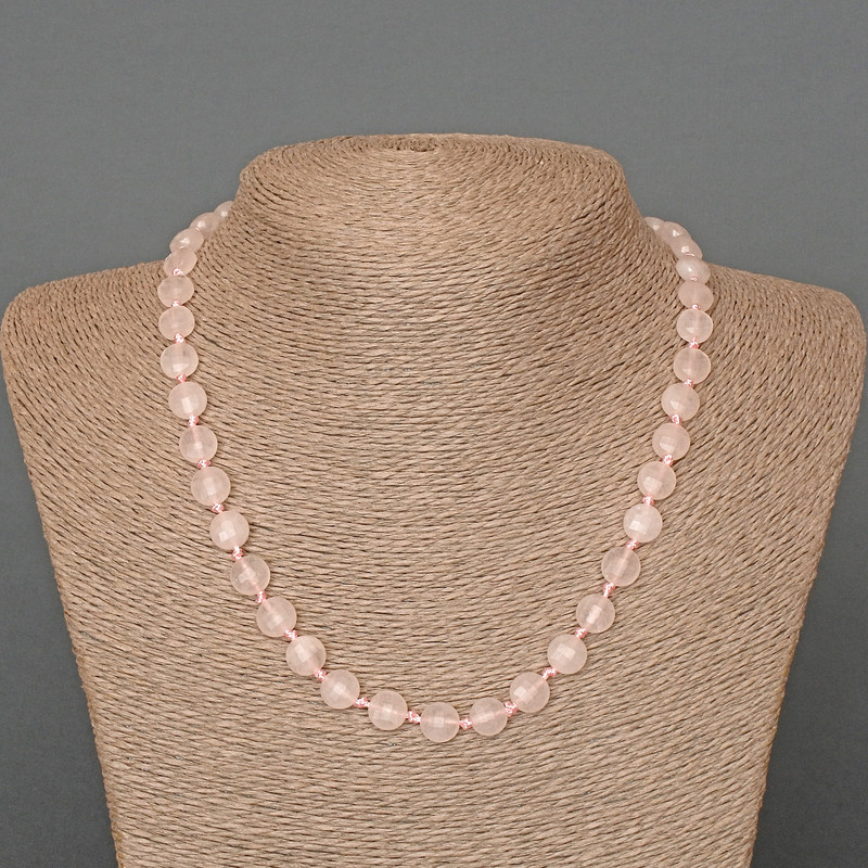 Necklace Pink Quartz natural stone, faceted coin beads, diameter 8×5 mm, 5 mm, length 46 cm