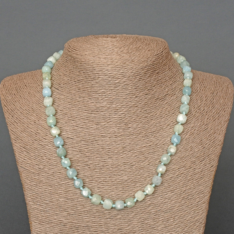 Aquamarine Necklace with Natural Faceted Cube Beads, 7 mm Diameter, approx. 50 cm Length