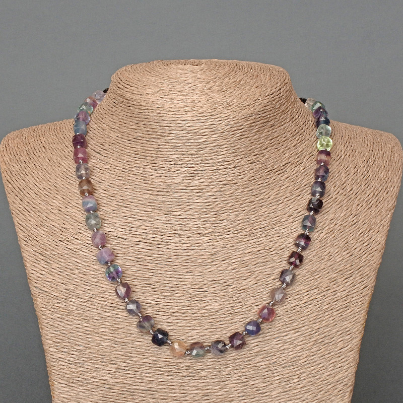 Clearance! Fluorite necklace with natural fluorite, faceted cube beads, 7 mm diameter, 50 cm length