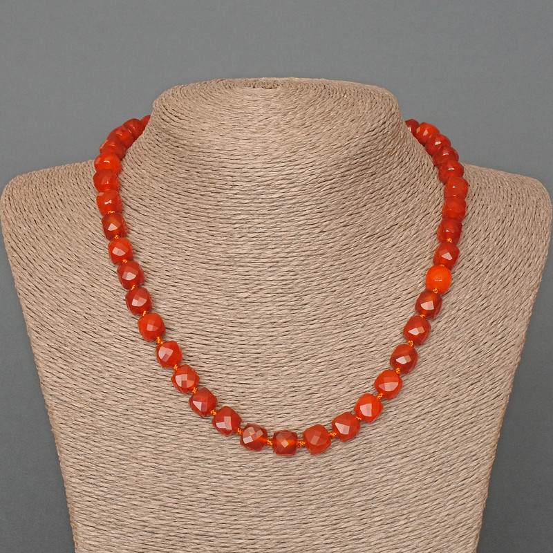 Carnelian necklace, natural stone, faceted cube beads, 9 mm diameter, 46 cm length