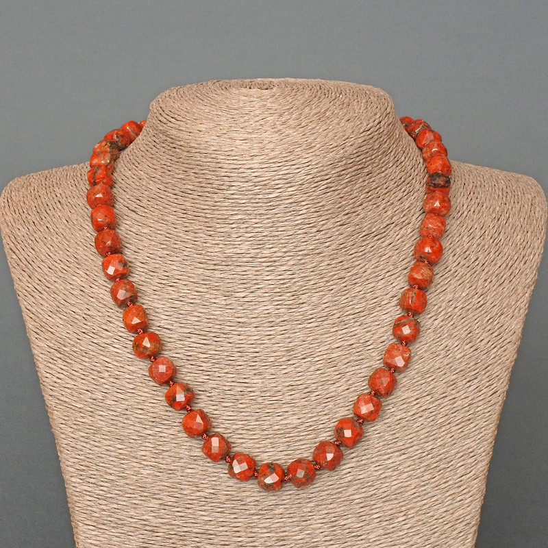 Red Jasper Necklace, natural stone, faceted cube beads, 9 mm diameter, 48 cm length