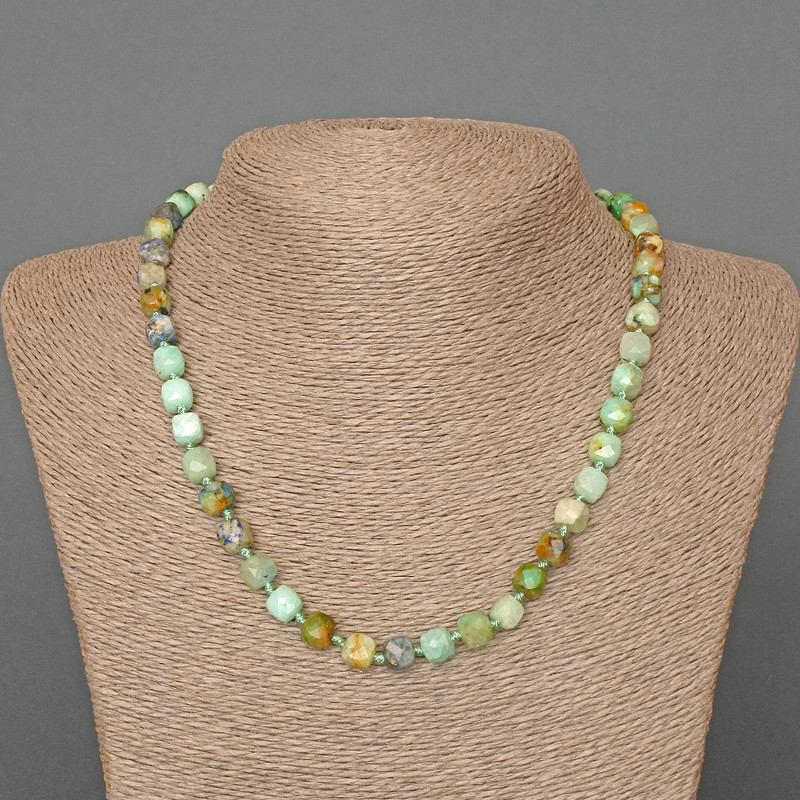 Chrysocolla and Azurite Necklace, natural stone, faceted cube, diameter 7 mm, length 50 cm