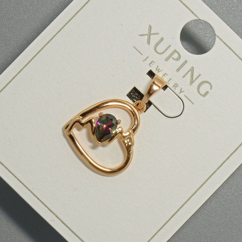 Pendant "Heart" Xuping with Green-Red Crystal, diameter 15×14 mm, 5 mm +/-, length 22.5 mm +/-, 18K gold plating