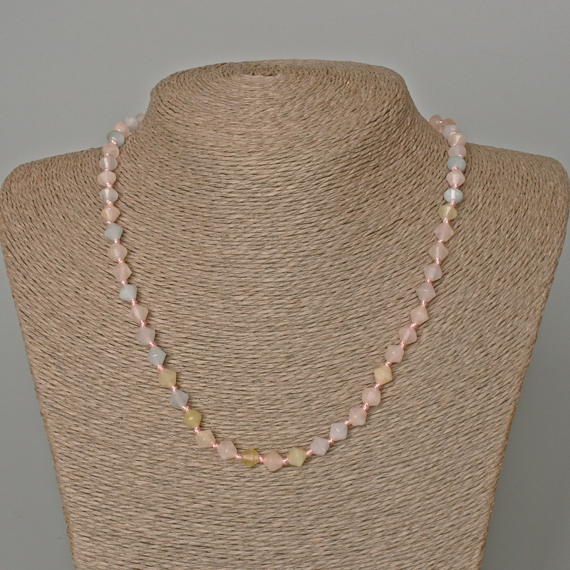 Morganite Necklace with Natural Gemstone, Faceted Diamond-Shaped Beads, 6.5x6 mm, Length 48 cm