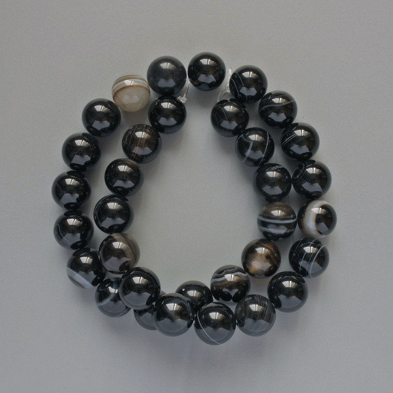 Black Agate Beads, natural stone, smooth round beads, diameter 12 mm ±, length 38 cm ± on thread