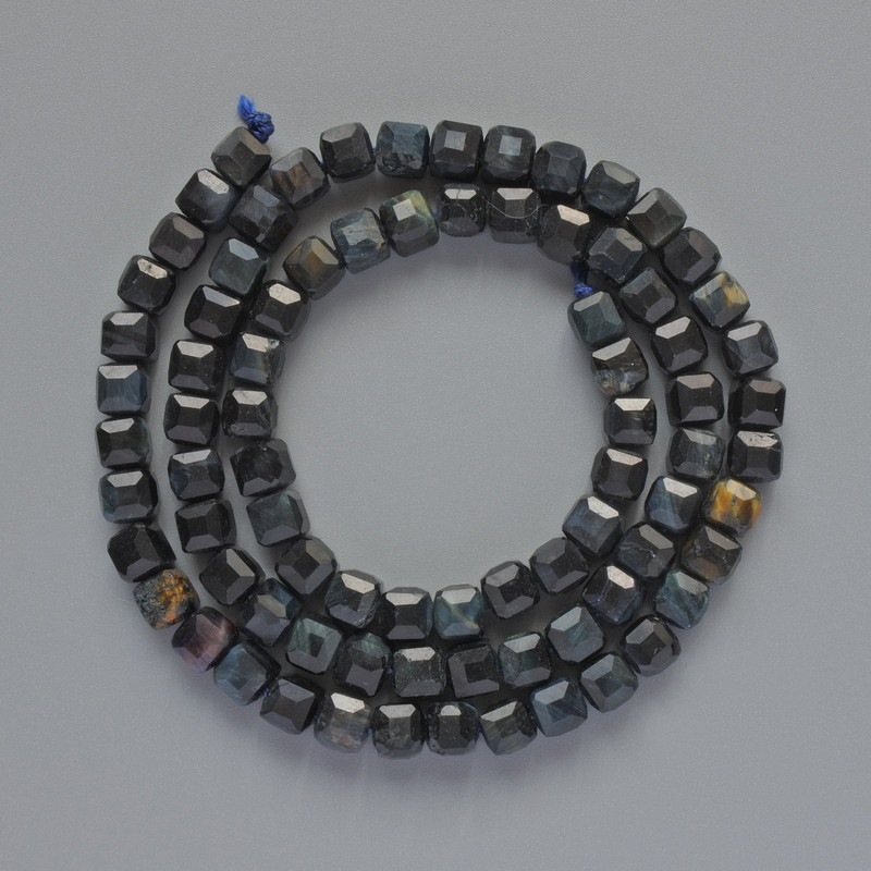Hawk's Eye Beads, natural gemstone, faceted cubes, 5 mm diameter, 39 cm length on thread