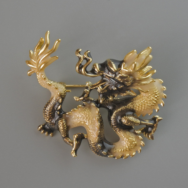 Dragon Brooch Pendant, black and beige enamel, golden metal 44x37 mm