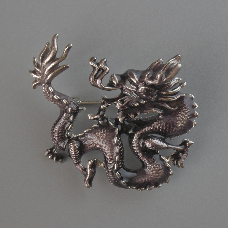 Dragon Brooch Pendant with Brown Enamel, Silver-Toned Metal 44×37 mm