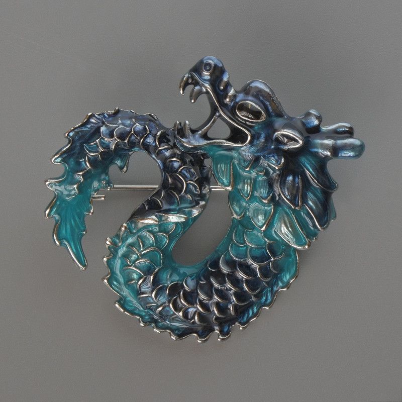 Dragon brooch pendant with blue and light-blue enamel, silver-tone metal, 42x42mm