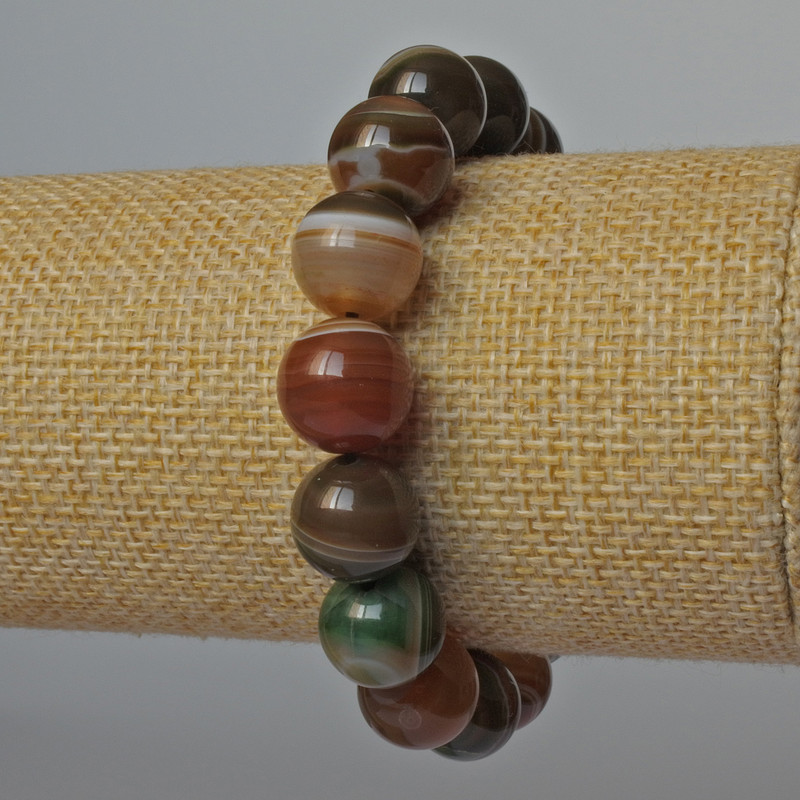 Agate Bracelet with Natural Stone, Smooth Beads, 12 mm Diameter, 18 cm Length, Stretch (Elastic)