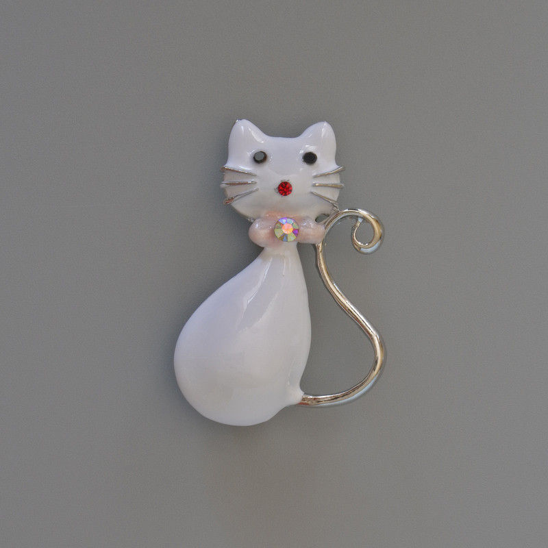 Cat Pendant Brooch White Enamel Crystals Silver-Tone Metal 25×39 mm