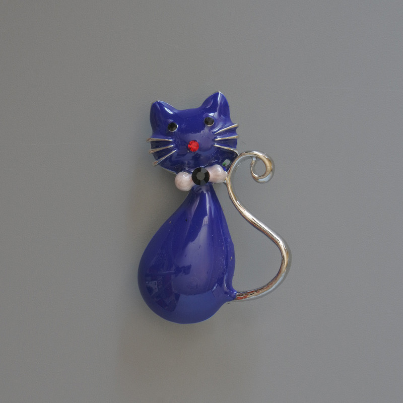 Cat Brooch Pendant with Blue Enamel, Crystals, Silver-Toned Metal 25x39mm