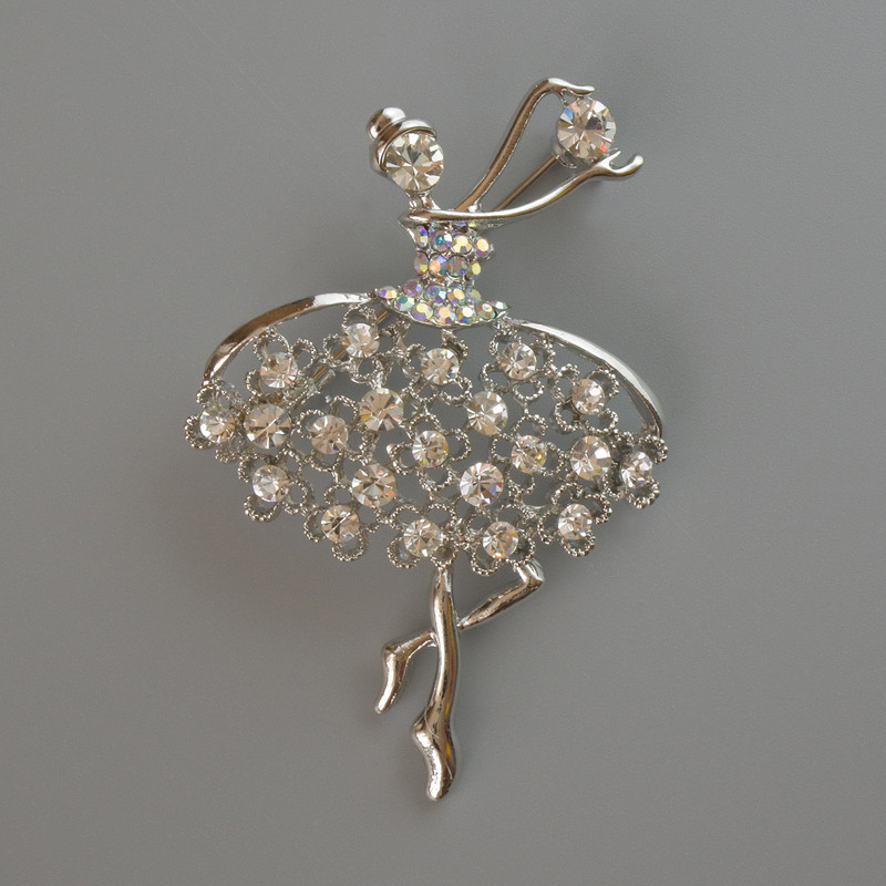 Brooch Ballerina with white and pink crystals, silver-toned metal 39×54 mm