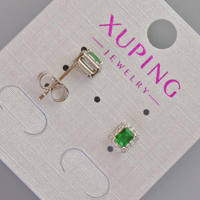 Xuping Stud Earrings with Green Crystal and White Rhinestones, Diameter 6.5 x 5.5 mm - Rhodium