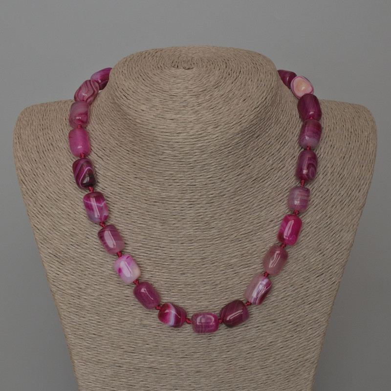 Raspberry Agate Necklace, natural stone, rectangular beads, 11×15 mm, length approx. 49 cm