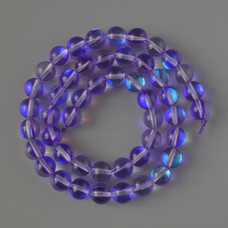 Opal glass beads, smooth round violet transparent chameleon, 8 mm diameter, 38 cm length on thread