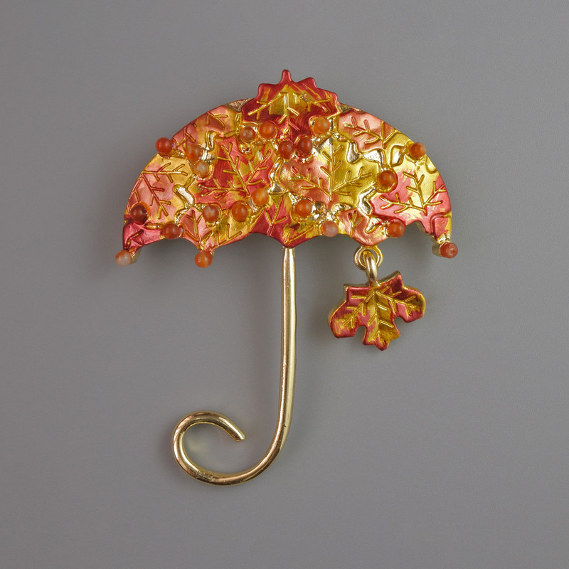Brooch Umbrella orange and yellow enamel, beads, golden metal 62x50mm