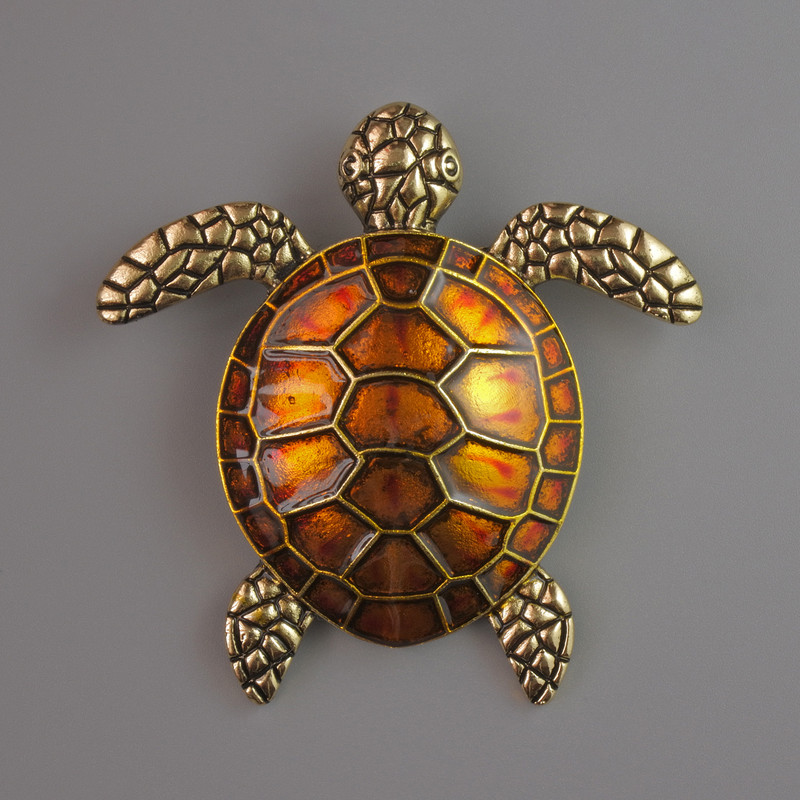 Brooch-pendant Turtle with orange enamel and golden metal 55x55mm