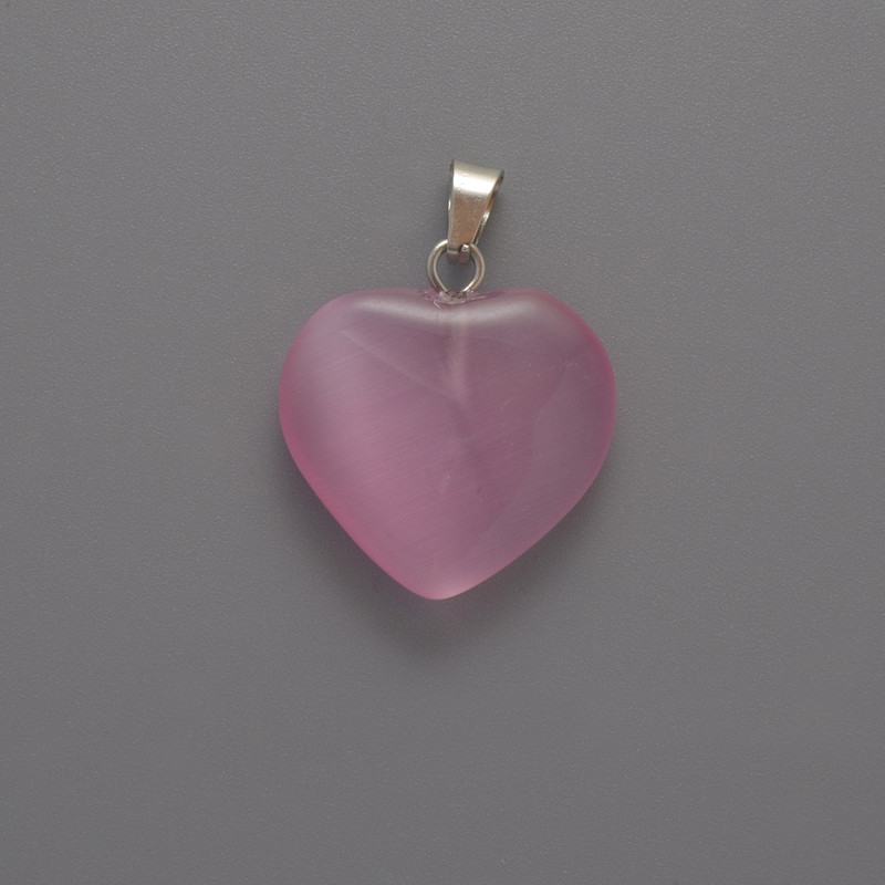 Pink Cat's Eye Heart Pendant, 20×20×5 mm, length 26 mm