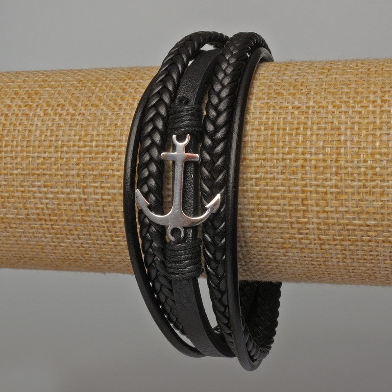 Men's bracelet with metal inlays 'Anchor', length 21 cm, thickness 24 mm black eco-leather
