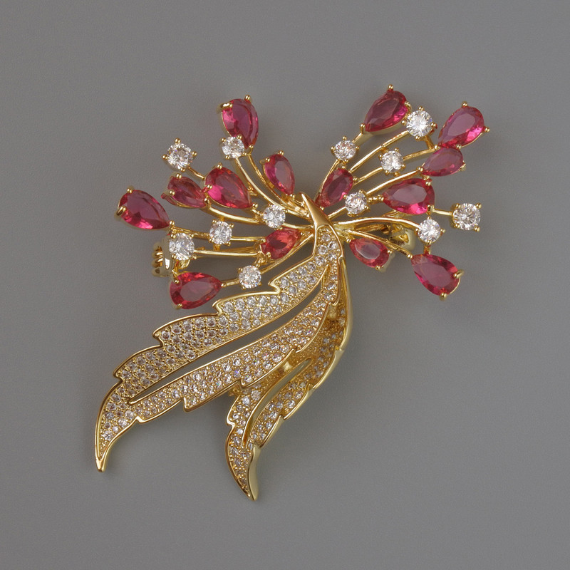 Accent Brooch with Red and White Crystals, 52×38 mm, Gold-Toned Metal
