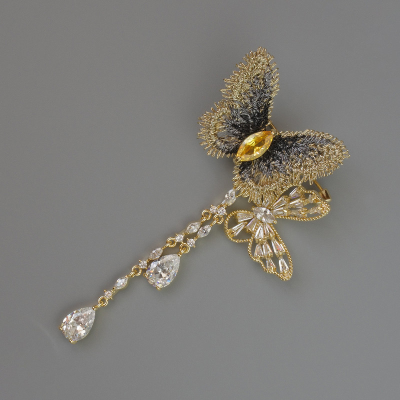 Butterfly Brooch with Yellow and White Crystals, 28×48 mm, length 74 mm, gold-toned metal